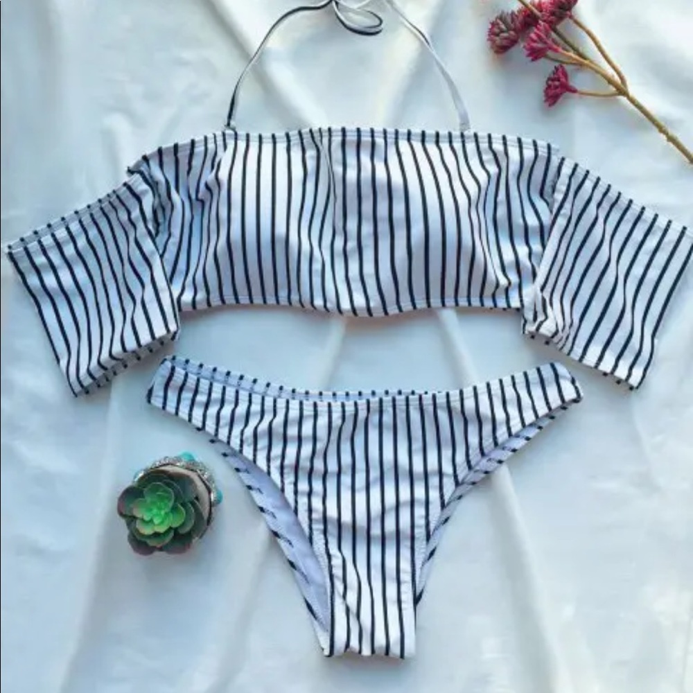 Black and White striped bikini with sleeves